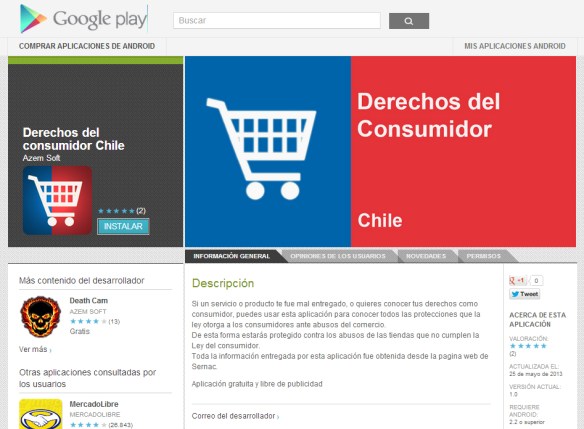 Vista de Aplicación Derechos del Consumidor Chile en Google Play.